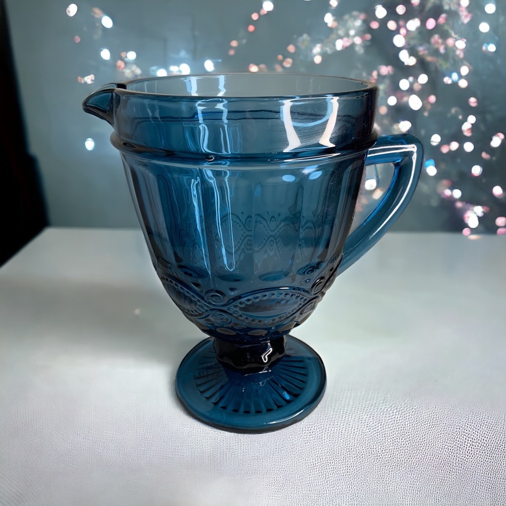 Gibson Home Cobalt Blue Glass Water Pitcher Spout Handle Beautiful Detail Design